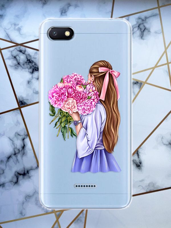 Прозорий чохол для Xiaomi Redmi 6A з об'ємним друком "Дівчина з півоніями" принт 11