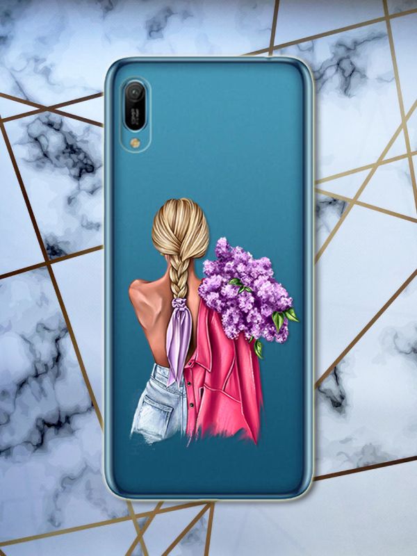 Прозорий чохол для Huawei Y6 2019 / Y6 prime 2019 з об'ємним друком "Дівчина з бузком" принт 7