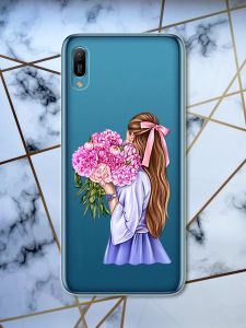 Прозорий чохол для Huawei Y6 2019 / Y6 prime 2019 з об'ємним друком "Дівчина з півоніями" принт 11
