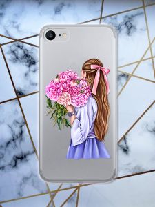 Прозорий чохол для iPhone SE 2020 з об'ємним друком "Дівчина з півоніями" принт 11