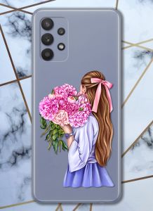 Прозорий чохол для Samsung Galaxy A32 з об'ємним друком "Дівчина з півоніями" принт 11