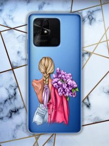 Прозорий чохол для Xiaomi Redmi 10C з об’ємним дизайном "Дівчина з бузком" принт 7