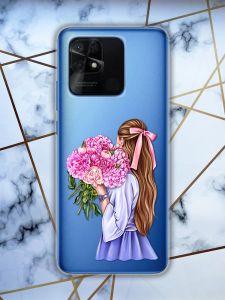 Прозорий чохол для Xiaomi Redmi 10C з об’ємним дизайном "Дівчина з півоніями" принт 11