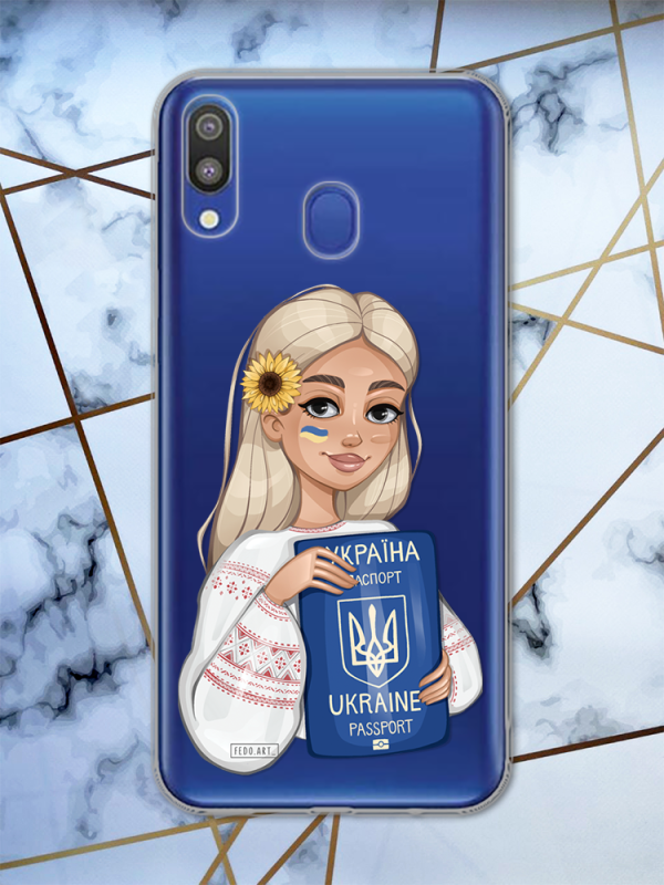 Прозорий чохол для Samsung Galaxy M20 з патріотичним дизайном "Дівчина з паспортом" принт 13