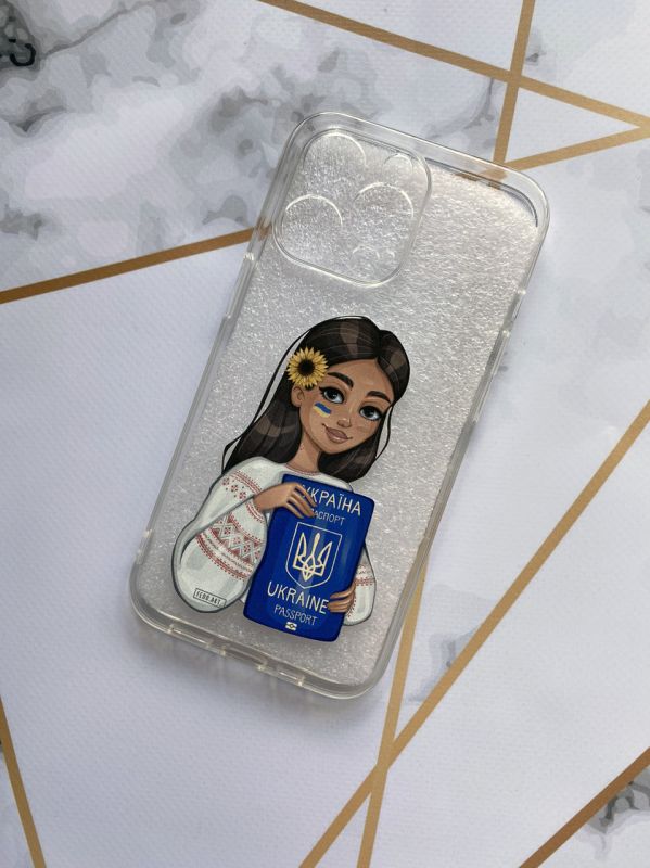 Прозорий чохол для Apple iPhone 13 Pro з патріотичним дизайном "Дівчина з паспортом" принт 12