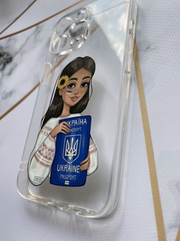 Прозорий чохол для Apple iPhone 13 Pro з патріотичним дизайном "Дівчина з паспортом" принт 12