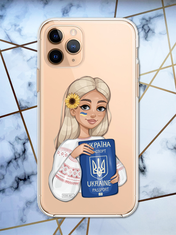 Прозорий чохол для iPhone 12 / 12 Pro з патріотичним дизайном "Дівчина з паспортом" принт 13