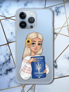 Прозорий чохол для Apple iPhone 13 Pro з патріотичним дизайном "Дівчина з паспортом" принт 13