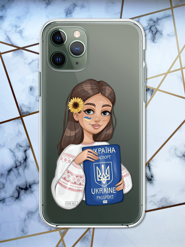 Прозорий чохол для iPhone 12 / 12 Pro з патріотичним дизайном "Дівчина з паспортом" принт 12