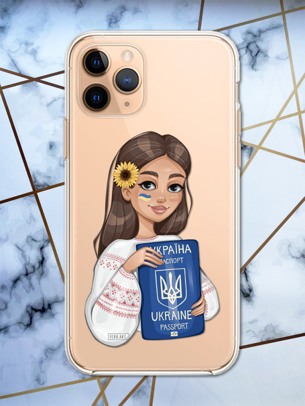 Прозорий чохол для iPhone 12 / 12 Pro з патріотичним дизайном "Дівчина з паспортом" принт 12