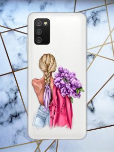 ППрозорий чохол для Samsung Galaxy A03s з об’ємним дизайном "Дівчина з бузком" принт 7