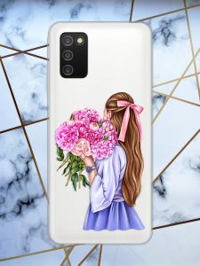 Прозорий чохол для Samsung Galaxy A03s з об'ємним дизайном "Дівчина з піонами" принт 11