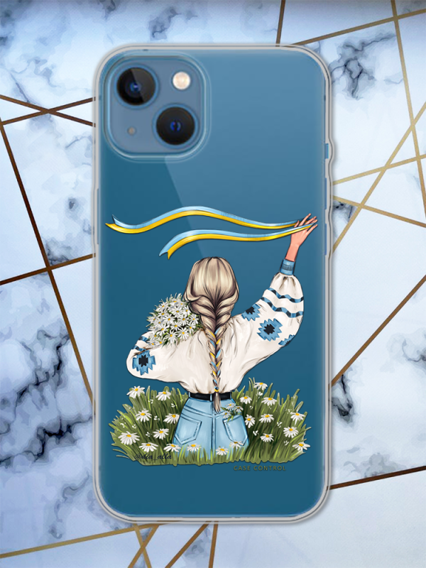 Прозорий чохол для Apple iPhone 13 з патріотичним дизайном "Дівчина зі стрічкою" принт 17