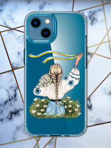 Прозорий чохол для iPhone 13 mini з патріотичним дизайном "Дівчина зі стрічкою" принт 17