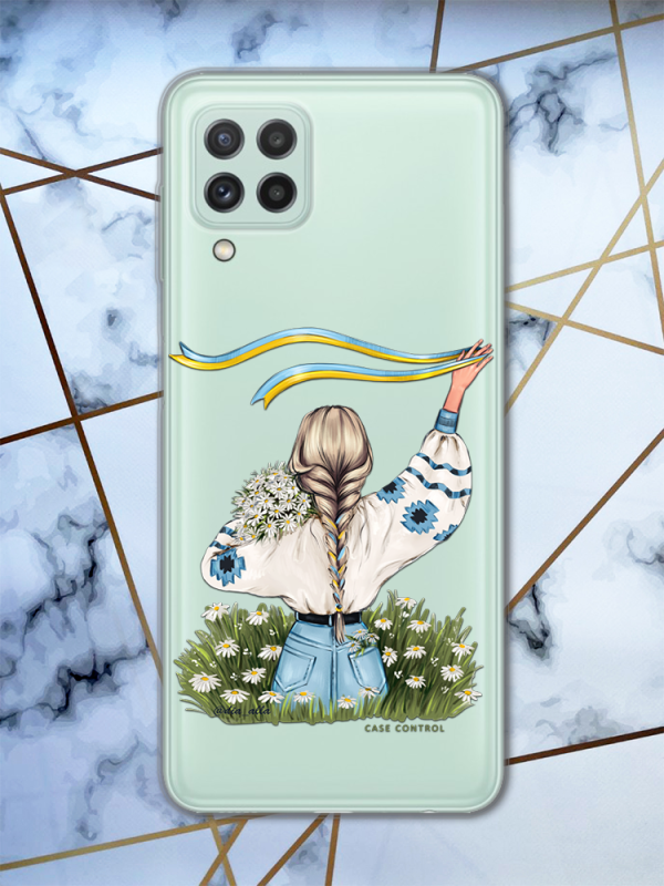 Прозорий чохол для Samsung Galaxy A22 4G / M22 / M32 / M22  Дівчина зі стрічкою (патріотичний принт 17)