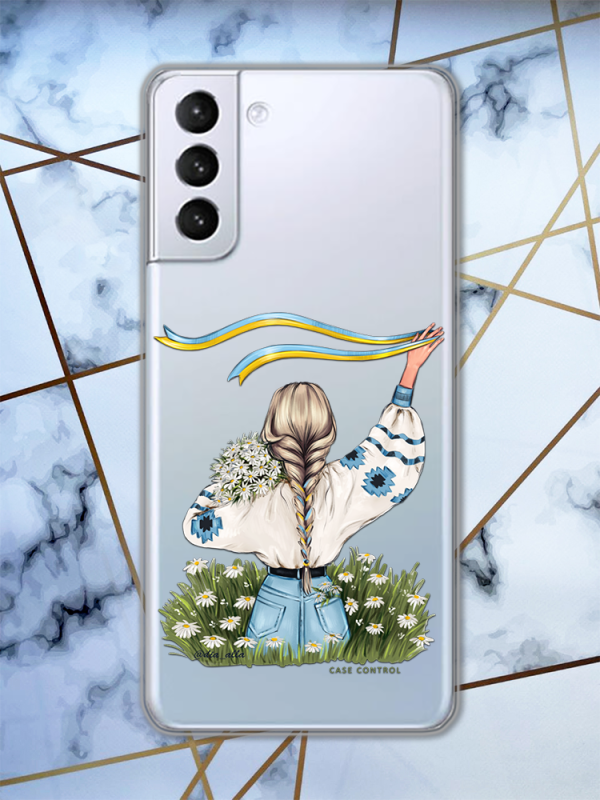 Прозорий чохол на Samsung Galaxy S21 (G991) з патріотичним дизайном "Дівчина зі стрічкою" принт 17