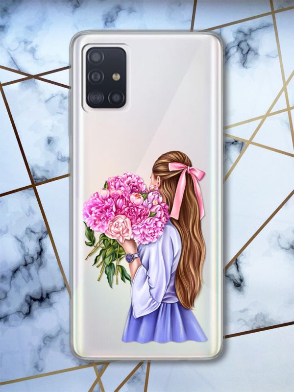 Прозорий чохол для Samsung Galaxy A71 / A715 об’ємний дизайн Дівчина з півоніями принт 11