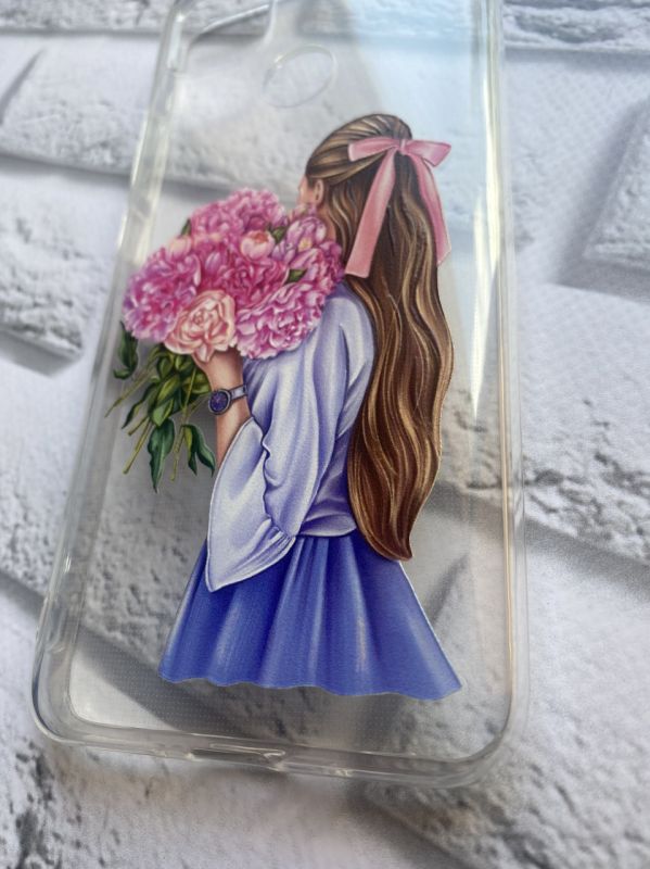 Прозорий чохол для Xiaomi Redmi 9C об’ємний дизайн Дівчина з півоніями принт 11