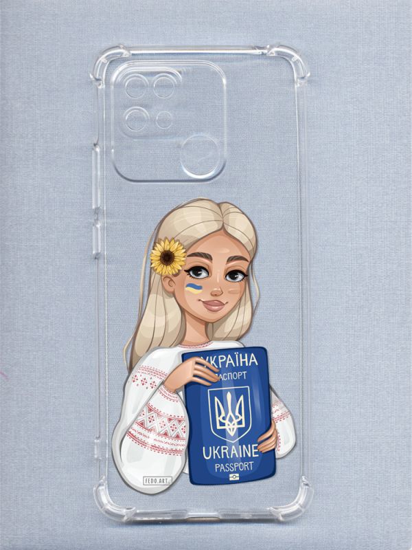 Прозорий чохол з потовщеними кутками для Xiaomi Redmi 10C з дизайном "Дівчина з паспортом" принт 13