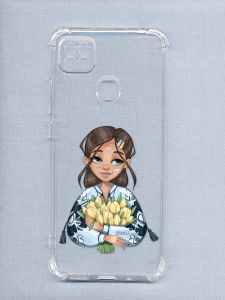 Прозорий чохол для Xiaomi Redmi 9C патріотичний дизайн Дівчина з тюльпанами (принт 22)