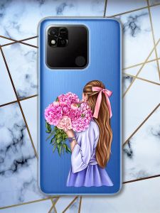 Прозорий чохол на Xiaomi Redmi 10A рельєфний дизайн Дівчина з півоніями принт 11