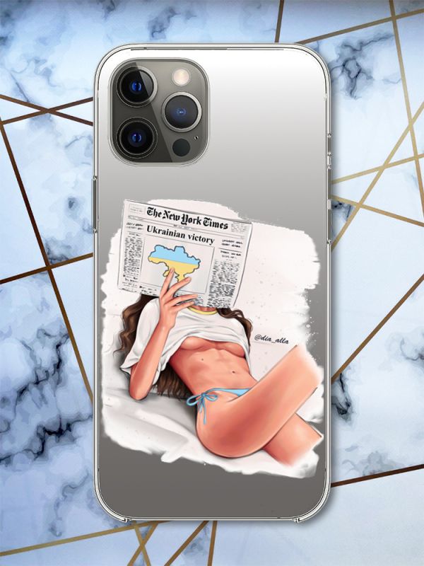 Прозорий чохол на iPhone 12 Pro Max рельєфний дизайн Дівчина з газетою принт 31