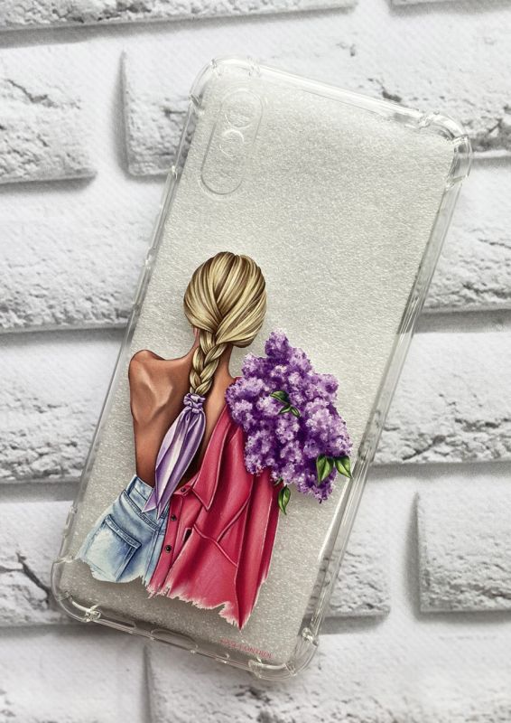 Чохол з потовщеними кутами на Xiaomi Redmi 9A  рельєфний дизайн Дівчина з бузком принт 7