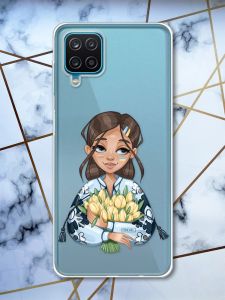Прозрачный чехол на Samsung A12 4G патриотический дизайн Девушка с тюльпанами принт 22