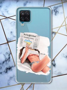 Прозорий чохол на Samsung A12 4G рельєфний дизайн Дівчина з газетою принт 31