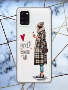 Прозорий чохол на Samsung A31 рельєфний дизайн Дівчина з кавою принт 59