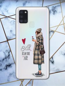Прозорий чохол на Samsung Galaxy А21s рельєфний дизайн Дівчина з кавою принт 59