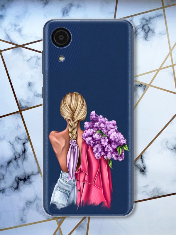 Прозорий чохол на Samsung Galaxy A03 Core / A032 рельєфний дизайн Дівчина з бузком принт 7