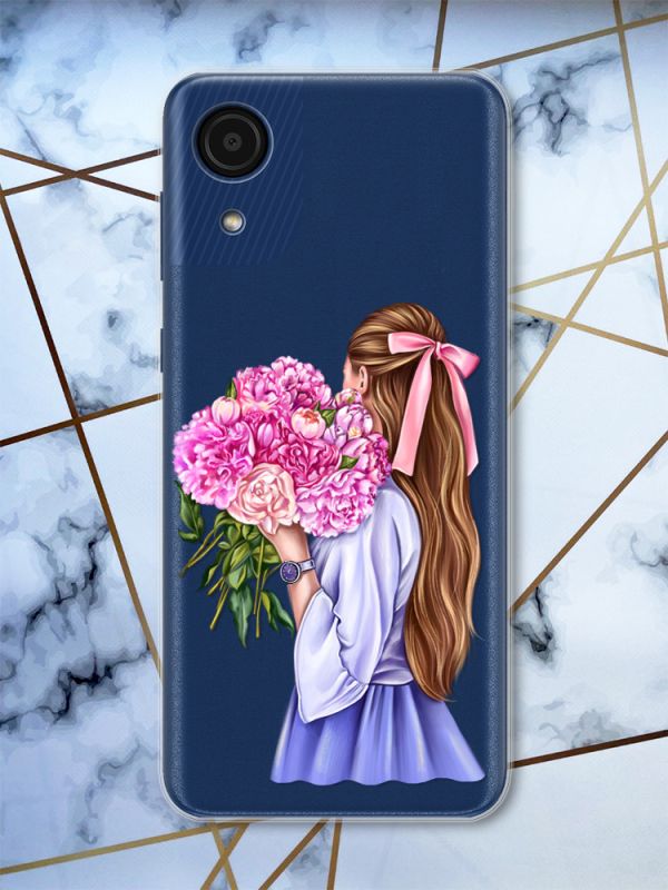Прозорий чохол на Samsung Galaxy A03 Core / A032 рельєфний дизайн Дівчина з півоніями принт 11