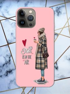 Матовий рожевий чохол на Apple iPhone 13 Pro Дівчина з кавою принт 59