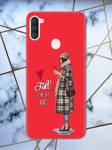 Матовий червоний чохол на Samsung Galaxy А11 Дівчина з кавою принт 59