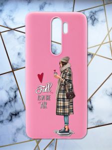 Матовий рожевий чохол на Xiaomi Redmi Note 8 Pro Дівчина з кавою принт 59