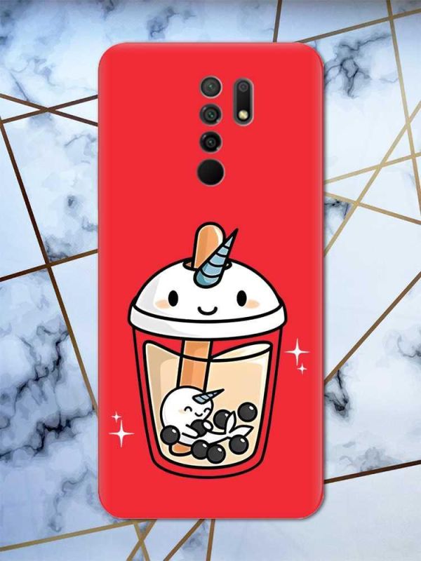 Матовий червоний чохол на Xiaomi Redmi 9 дизайн Коктейль Єдиноріг принт 96