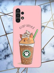 Матовий рожевий чохол на Samsung A13 4G дизайн Капучіно котик принт 97