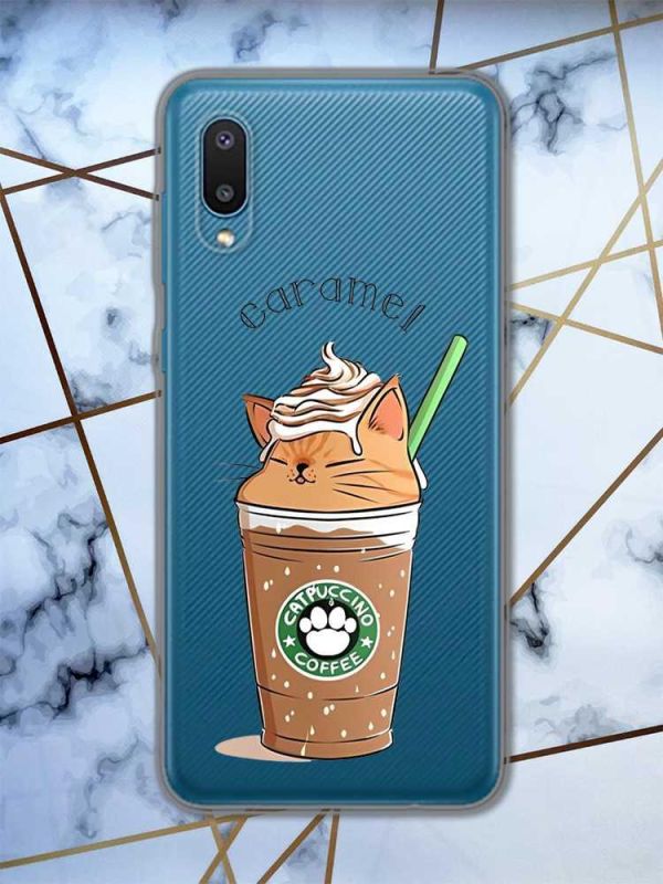 Прозорий чохол на Samsung Galaxy A02 / A022 (2021)  дизайн Капучіно котик принт 97