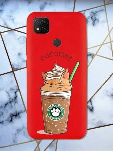 Матовий червоний чохол на Xiaomi Redmi 10C дизайн Капучіно котик принт 97
