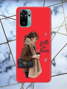 Матовий червоний чохол на Xiaomi Redmi Note 10 / Note 10s дизайн Дівчина з кавою принт 112