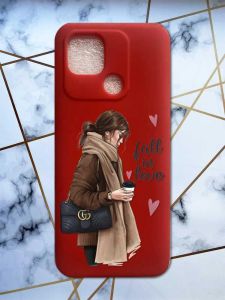 Матовий червоний чохол на Xiaomi Redmi 10C дизайн Дівчина з кавою принт 112