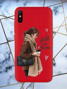 Матовий червоний чохол на Xiaomi Redmi 9А дизайн Дівчина з кавою принт 112