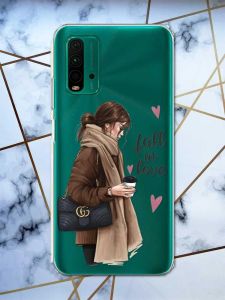 Прозорий чохол на Xiaomi Redmi 9T  дизайн Дівчина з кавою принт 112