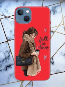 Матовий червоний чохол на Apple iPhone 13 дизайн Дівчина з кавою принт 112