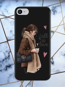 Матовий чорний чохол на iPhone 7 / 8 дизайн Дівчина з кавою принт 112