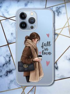 Прозорий чохол на Apple iPhone 13 Pro дизайн Дівчина з кавою принт 112
