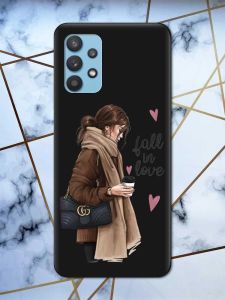 Матовий чорний чохол на Samsung Galaxy A32 дизайн Дівчина з кавою принт 112