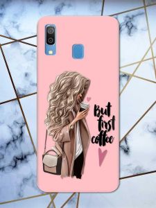 Матовий рожевий чохол на Samsung Galaxy А30 (2019) / А20 (2019) дизайн Дівчина з кавою принт 114