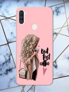 Матовий рожевий чохол на Samsung Galaxy A11 дизайн Дівчина з кавою принт 114